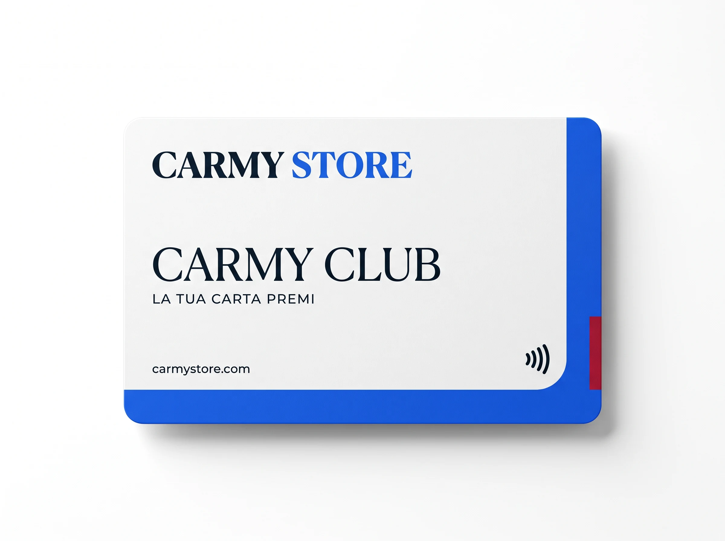 Tessera NFC Carmy Club con grafica Carmy Store bianca e blu